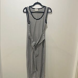 Black & White Striped Maxi Dress with Waist Tie